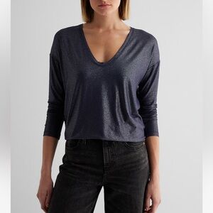 Express Navy Supersoft Relaxed Shine V-Neck Long Sleeve Tee NEW size small